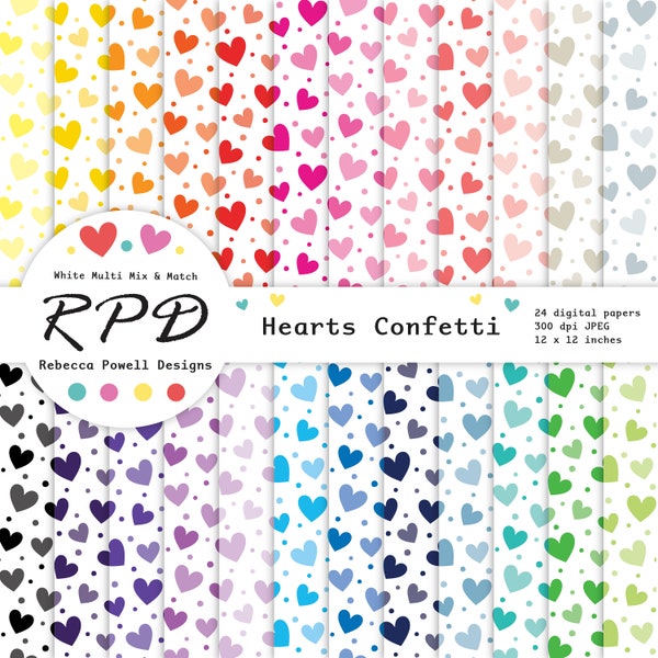 SALE Love Hearts Confetti Digital Paper, Polka Dots, Seamless Pattern, Rainbow Colours, White, Scrapbook Pages, Backgrounds, Commercial Use