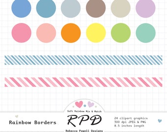 SALE Ribbon Borders Digital Clip Art Set, Candy Stripe Pattern, Pastel Rainbow Colours, Png, Jpeg, Scrapbooking, Planners, Commercial Use