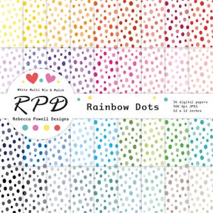 Op de afbeelding: 36 digitale papieren met regenboog-stippenpatronen. Elk papier is 30,5 cm bij 30,5 cm en heeft een resolutie van 300 dpi. De papieren zijn verkrijgbaar in verschillende kleuren, waaronder rood, oranje, geel, groen, blauw, indigo en violet.