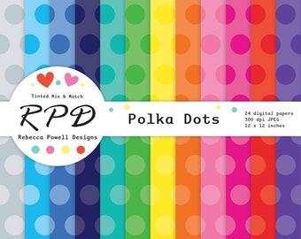 Polka Dots Digital Paper Pack, Seamless Pattern, Tinted Rainbow Colours, Spots Pattern, Scrapbook Pages, Digital Backgrounds, Commercial Use