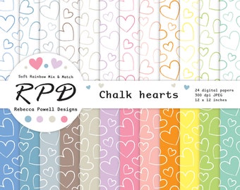 SALE Love Hearts Hand Drawn Digital Paper, Seamless Pattern, Pastel Rainbow Colours, White, Scrapbook Pages, Backgrounds, Commercial Use
