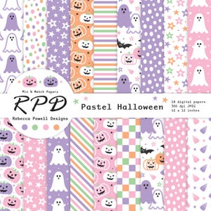 May include: 18 digital papers with pastel Halloween themes. The papers feature patterns of ghosts, pumpkins, stars, polka dots, stripes, and checkerboards in pink, purple, orange, and green. Each paper is 30.5 x 30.5 cm.