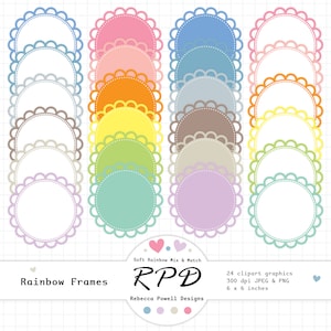 May include: Set of 24 rainbow colored circle frames with scalloped edges. Each frame is 6 inches by 6 inches and 300 dpi. The frames are in shades of blue, pink, orange, yellow, green, purple, and brown.
