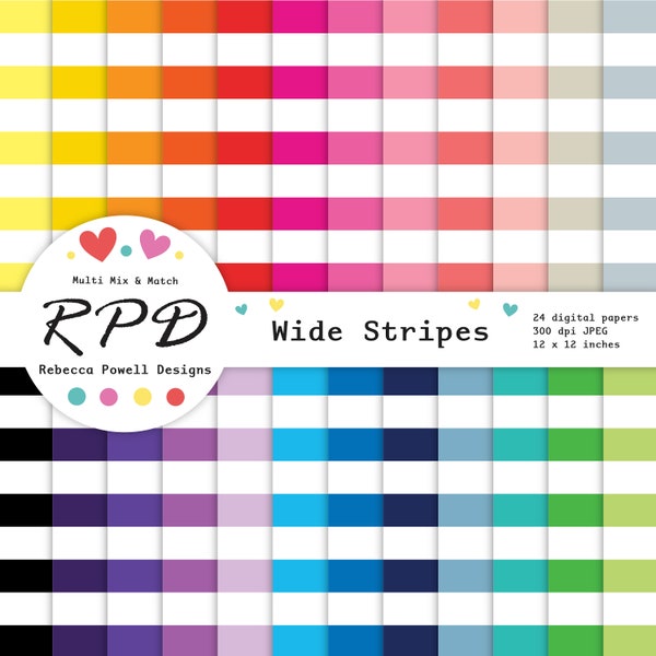 Large Horizontal Stripes Digital Paper Pack, Seamless Pattern, Rainbow Colours, White, Scrapbook Pages, Digital Backgrounds, Commercial Use