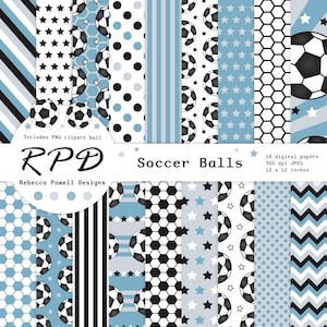 Pacote de papel digital de futebol, padrões sem emendas para impressão em azul e cinza para scrapbooking e fundos, clipart PNG de bola de futebol