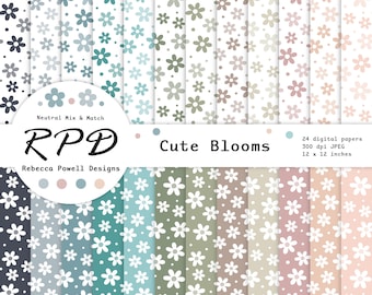 Floral Confetti Digital Paper Pack, Seamless Pattern, Neutral Colours & White, Scrapbook Pages, Backgrounds, Commercial Use
