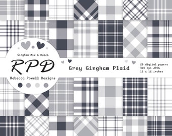 Pastel Grey Gingham Plaid Digital Paper Pack Bundle, Seamless, White, Tartan Checks, Log Cabin, Scrapbook Pages, Backgrounds, Commercial Use