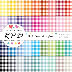 Könnte beinhalten: Eine Sammlung digitaler Papiere im Format 30,48 cm x 30,48 cm mit einem Regenbogen-Gingham-Muster. Das Bild zeigt verschiedene Farbkombinationen, darunter Gelb, Orange, Rosa, Blau und Grün. Der Text auf dem Bild lautet "Rainbow Gingham" und "36 digitale Papiere."