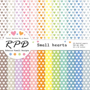 Weiße kleine Herzen Digitales Papier in Pastell-Regenbogenfarben, niedliche nahtlose Muster für Scrapbooking und Kunsthandwerk