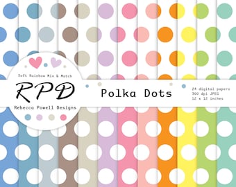 Large Polka Dots Spots Digital Paper Pack, Seamless Pattern, Pastel Rainbow Colours, White, Scrapbook Pages,  Backgrounds, Commercial Use