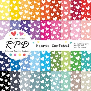 Harten confetti patroon naadloos digitaal papier pak, regenboogkleuren en wit, plakboekpagina's, achtergronden, commercieel gebruik