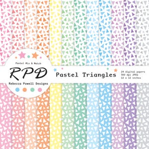 May include: A collection of 24 digital papers with pastel triangle patterns in various colors. Each paper measures 12 x 12 inches and has a 300 dpi JPEG resolution. The design is by Rebecca Powell Designs, with the text "Pastel Triangles".