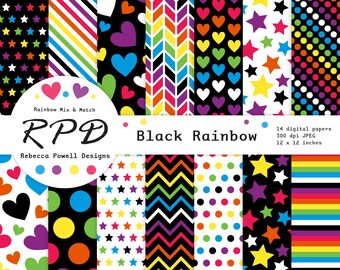 Rainbow Digital Paper Pack: Polka Dot, Stars, Scrapbook Backgrounds (Digital Download)