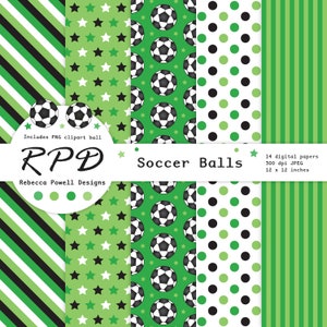 SALE Soccer Football Digital Paper, Seamless, PNG Clip Art Ball, Green, Black, White, Scrapbook Pages, Digital Background, Commercial Use image 2