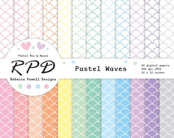 Fish Scales Digital Paper Pack, Seamless, Japanese Waves, Pastel Colours, White, Scrapbook Pages, Digital Backgrounds, Commercial Use