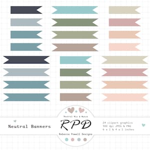 May include: Set of 24 neutral colored banner clipart graphics. The banners are in various shades of blue, green, brown, and pink. Each banner is 1 inch by 6 inches or 1 inch by 4 inches. The text "Neutral Banners" and "Neutral Mix & Match" is included in the image.