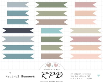 Flag Ribbon Banners Digital Clip Art, Neutral Colours, Scrapbooking & Planners, Commercial Use