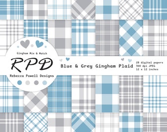 SALE Blue & Grey Gingham Plaid Digital Paper Bundle, Seamless, White, Log Cabin Checks, Tartan, Scrapbooking, Backgrounds, Commercial Use