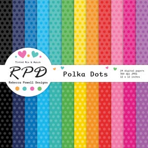 Puede incluir: Un conjunto de 24 papeles digitales con patrones de lunares en varios colores. Los papeles son de 12 x 12 pulgadas y 300 dpi. El texto "Tinted Mix & Match", "RPÐ", "Rebecca Powell Designs", "Polka Dots", "24 papeles digitales", "300 dpi JPEG" y "12 x 12 pulgadas" está incluido en la imagen.
