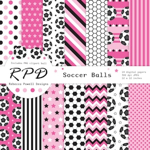 SALE Soccer Football Digital Paper, Seamless, PNG Clip Art Ball, Pink, Black & White, Scrapbook Pages, Digital Background, Commercial Use image 1