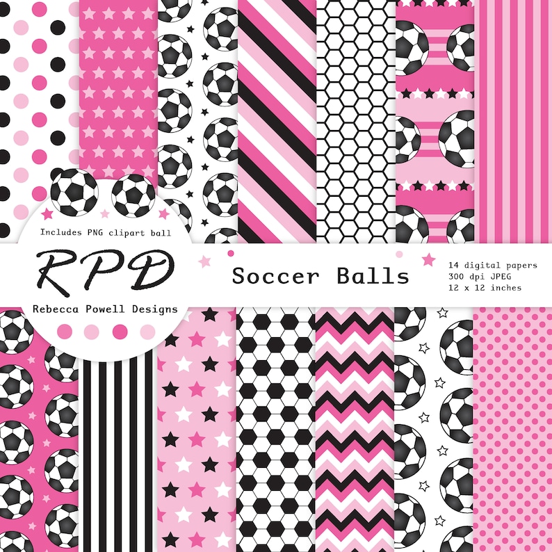 SALE Soccer Football Digital Paper, Seamless, PNG Clip Art Ball, Pink, Black & White, Scrapbook Pages, Digital Background, Commercial Use image 1