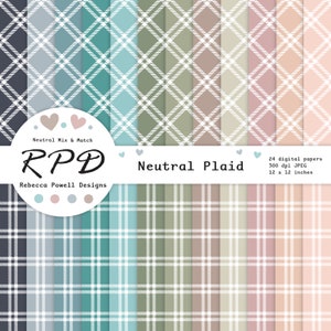 May include: A set of 24 digital papers featuring a neutral plaid pattern in various shades of blue, green, and pink. Each paper is 30.5 x 30.5 cm and 300 dpi.