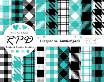 Turquoise Buffalo Plaid Digital Paper Pack: Seamless Scrapbooking Backgrounds (Instant Download)
