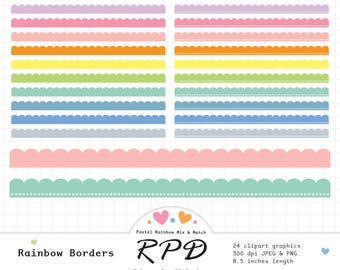 Bordas de fita recortadas em arco-íris pastel: conjunto de clipart digital (arquivos JPEG e PNG)