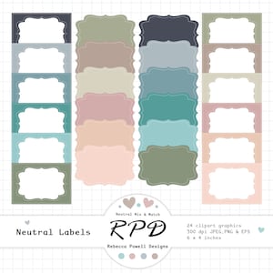 Cadres et étiquettes, ensemble d'images clipart numériques, style vintage, couleurs neutres unies, graphiques Png Jpeg Eps, scrapbooking, usage commercial