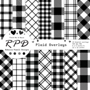 May include: A set of 14 digital plaid overlays in black and white. The overlays are 300 dpi PNG files and are available in two sizes: 6 x 6 inches and 12 x 12 inches. The text "Plaid Overlays" is included in the image.