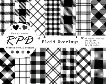 Black Plaid Digital Paper: Seamless Overlays, Scrapbooking (PNG)