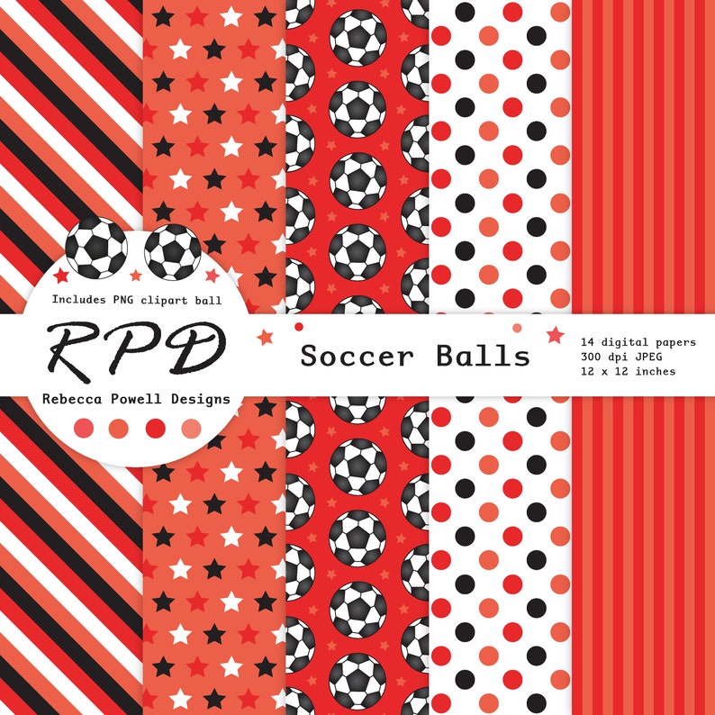 SALE Soccer Football Digital Paper, Seamless, PNG Clip Art Ball, Red, Black & White, Scrapbook Pages, Digital Background, Commercial Use image 2