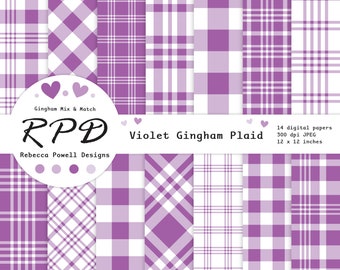 Violet Purple Gingham Plaid Digital Paper Pack, Seamless, White, Log Cabin Check, Tartan, Scrapbook Pages, Backgrounds, Commercial Use