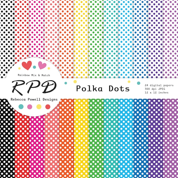 Small Polka Dots Digital Paper Pack, Seamless, Multi Rainbow Colours, White, Spots Pattern, Scrapbook Pages, Backgrounds, Commercial Use