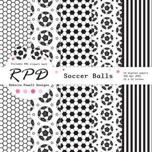 SALE Soccer Football Digital Paper, Seamless, PNG Clip Art Ball, Pink, Black & White, Scrapbook Pages, Digital Background, Commercial Use image 3