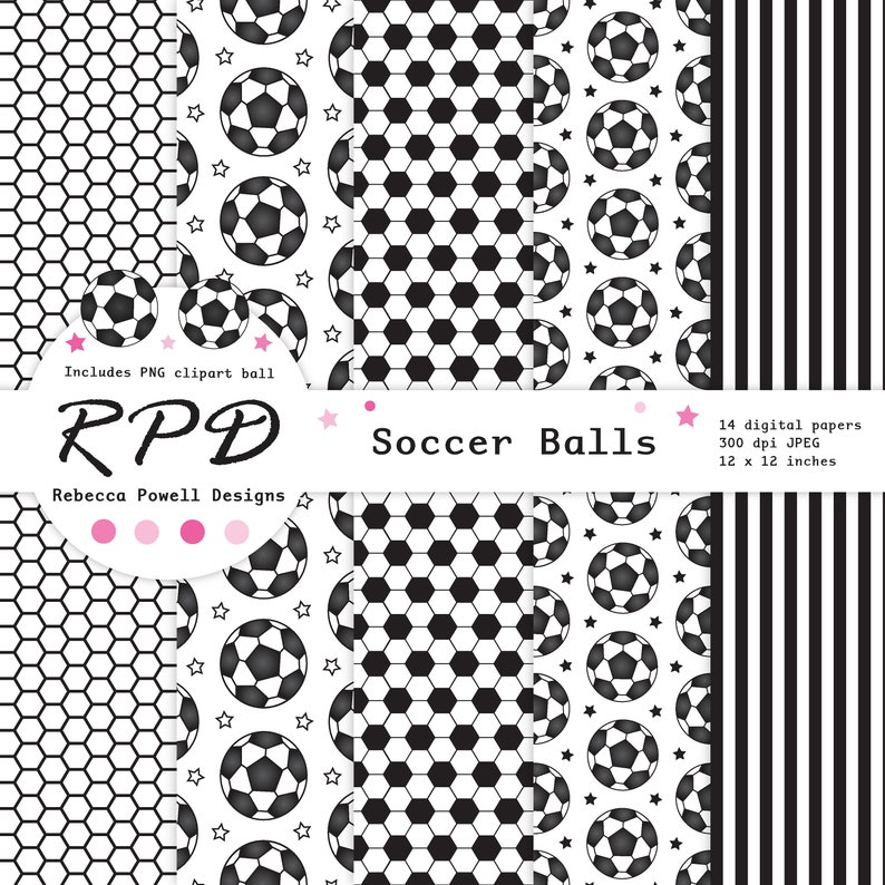 SALE Soccer Football Digital Paper, Seamless, PNG Clip Art Ball, Pink, Black & White, Scrapbook Pages, Digital Background, Commercial Use image 3