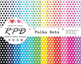 Polka Dots Seamless Pattern Printable Digital Paper, Rainbow Colours & White Backgrounds, Scrapbook Pages