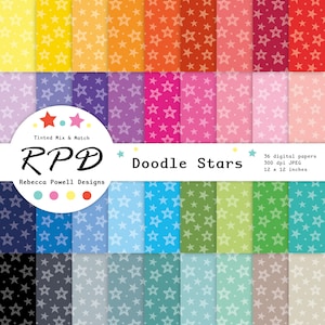 Puede incluir: Colección de 36 papeles digitales con patrones de estrellas en varios colores, incluyendo amarillo, naranja, rojo, rosa, morado, azul, verde y gris. Cada papel mide 30,48 x 30,48 cm.