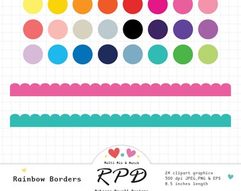 Scalloped Borders Digital Clip Art Set, Solid Rainbow Colours, Png Jpeg Eps Graphics, Scrapbooking & Planner Images, Commercial Use