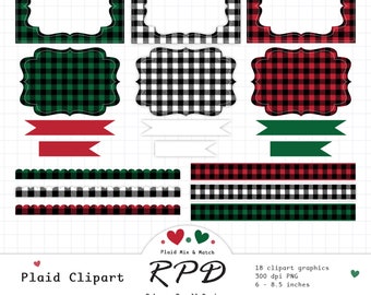 SALE Red and Green Plaid Gingham Check, Digital Clipart Frames Set, Ribbons, Banners, Borders, Flags, Labels, Fancy Text Box, Commercial Use