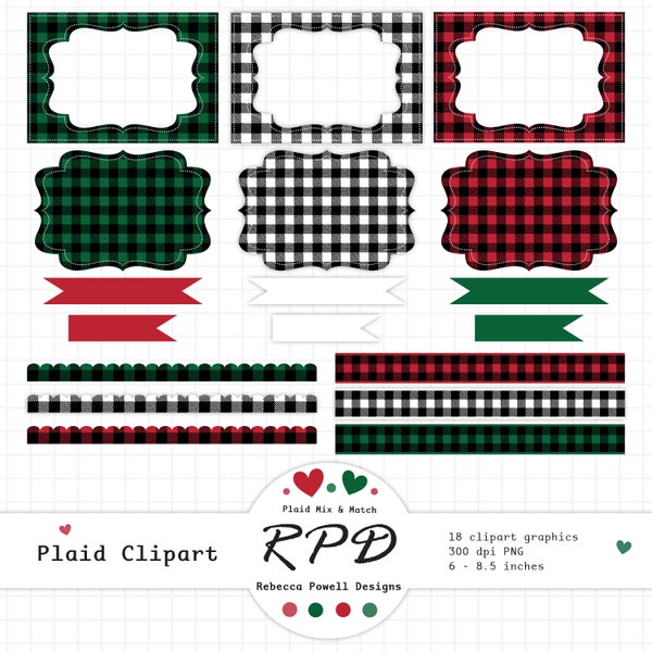 Red and Green Plaid Gingham Check, Digital Clipart Frames Set, Ribbons, Banners, Borders, Flags, Labels, Fancy Text Box, Commercial Use