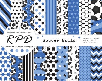Blue Soccer Digital Paper Pack: Seamless Football Patterns, PNG Clipart Ball