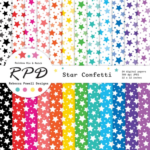 Stars Confetti Digital Paper Pack, Seamless, Polka Dot, Multi Rainbow Colours, White, Scrapbook Pages, Digital Background, Commercial Use