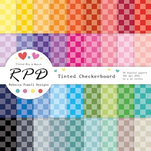 Könnte beinhalten: Eine Sammlung von 36 digitalen Papieren mit einem Schachbrettmuster in verschiedenen Farben, darunter Gelb, Orange, Rot, Rosa, Blau, Grün und Grau. Jedes Papier misst 30,48 x 30,48 cm.