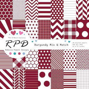 Burgundy and White Paper Pack, Digital Seamless Patterns for Scrapbooking, Backgrounds & Crafts, Polka Dots, Stripes, Chevrons