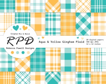 Yellow & Turquoise Gingham Plaid Digital Paper Pack Bundle, Seamless, White, Log Cabin Checks, Scrapbook Pages, Backgrounds, Commercial Use