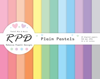 Plain Multi-Coloured Digital Paper Pack, Seamless, Solid Pastel Rainbow Colours,  Scrapbook Pages, Digital Backgrounds, Commercial Use