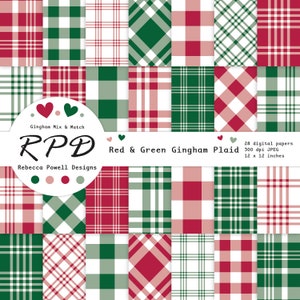 SALE Green & Red Gingham Christmas Plaid Digital Paper Bundle, Seamless, White, Log Cabin Checks, Scrapbooking, Backgrounds, Commercial Use