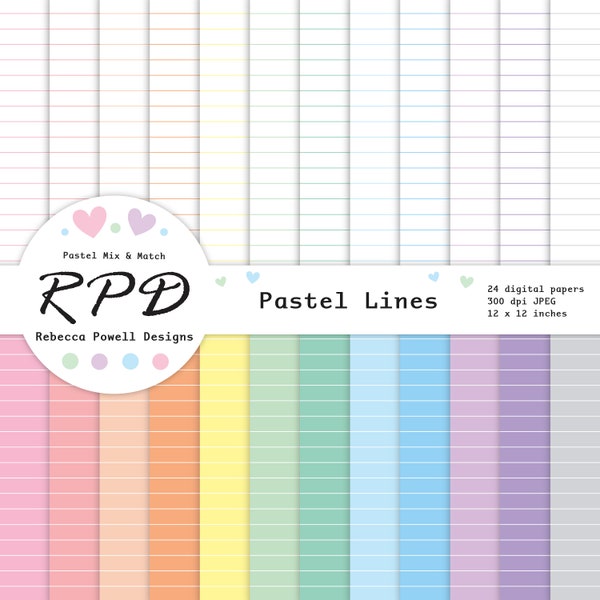 Lined Digital Paper Pack, Seamless Pattern, Notebook Paper, Pastel Colours, White, Scrapbook Pages, Digital Backgrounds, Commercial Use