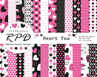 Valentines Cute Love Hearts Digital Paper Pack, Seamless Patterns, Pink, Black White, Scrapbook Pages, Digital Backgrounds, Commercial Use